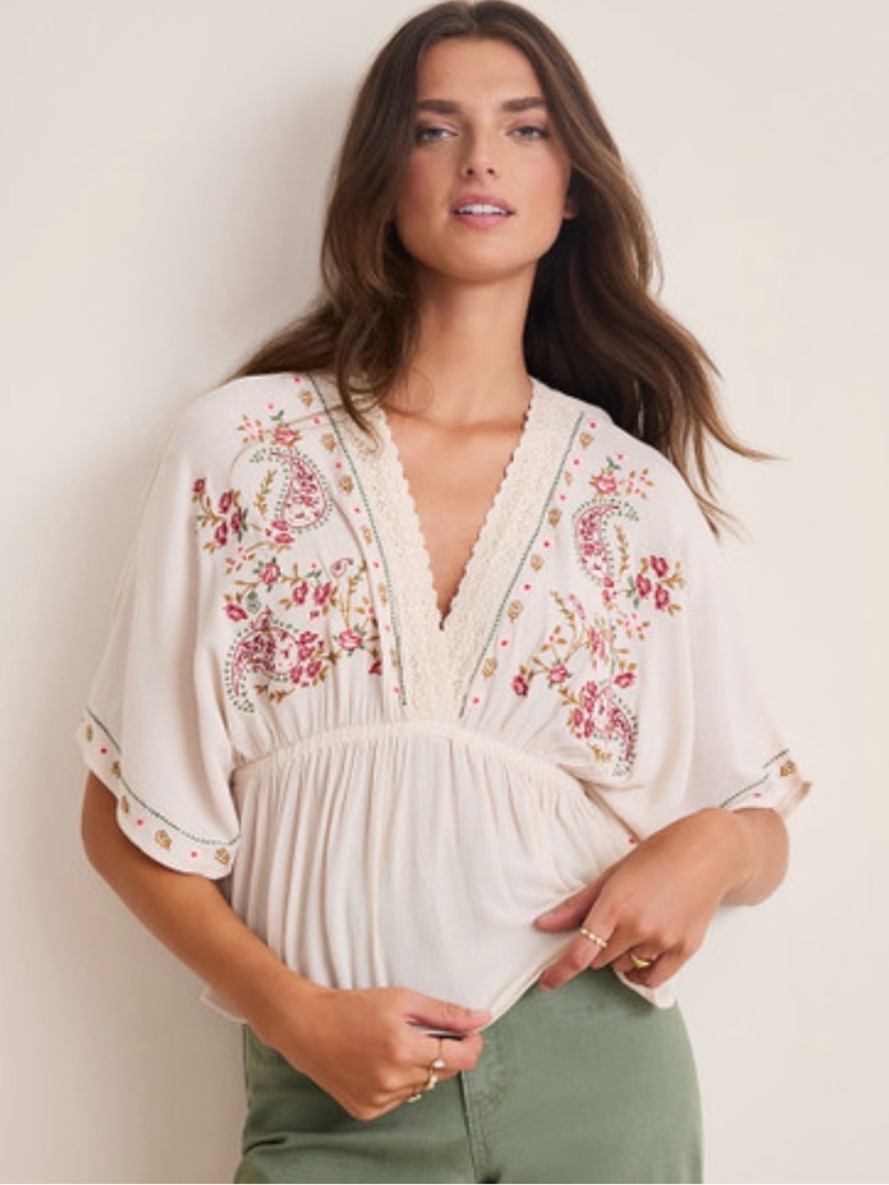 Francesca's Cream Embroidered V-Neck Peasant Blouse with Pink and Green Accents